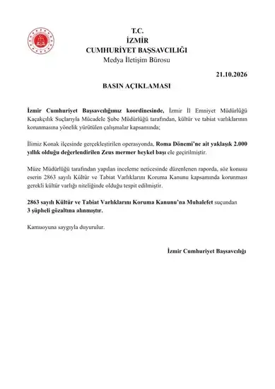 İzmir'de 2 bin yıllık Zeus heykel başı ele geçirildi - Detay Görsel 1