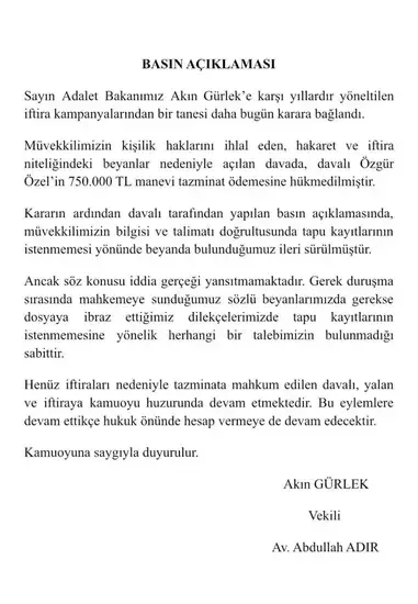 Akın Gürlek, Özgür Özel'e 750 bin TL tazminat kazandı - Detay Görsel 1