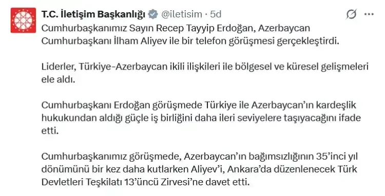 Erdoğan, Aliyev'i Türk Devletleri Zirvesi'ne davet etti - Detay Görsel 1